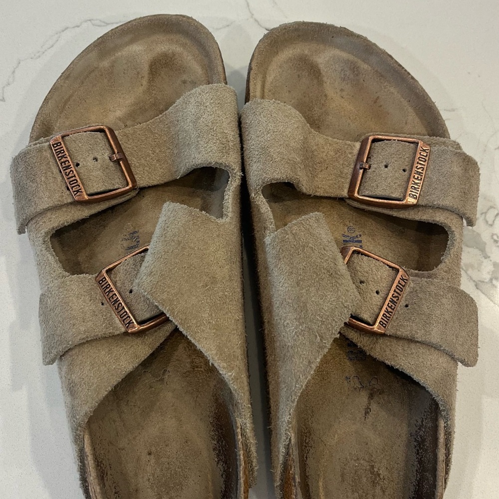 Birkenstock Taupe Suede Sandals with Copper Buckles